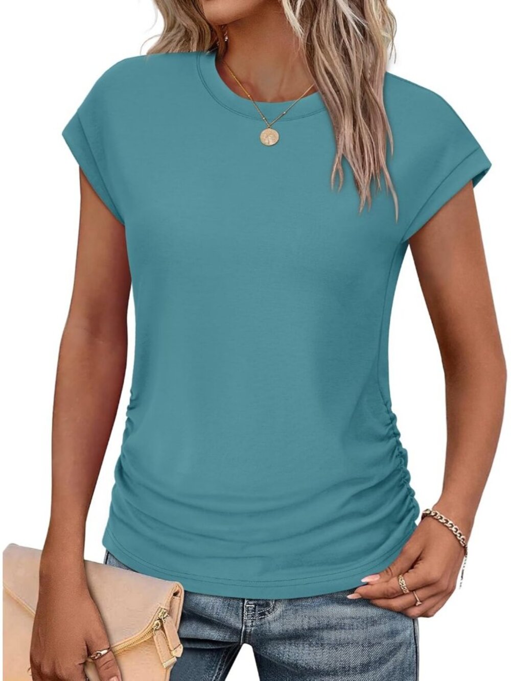 Women's Cadet Blue Polyester Blend Short Sleeve Crew Neck Pull On Henley Shirts